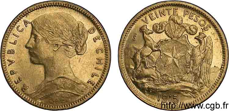 CHILI - RÉPUBLIQUE 20 pesos or 1915 S°, Santiago du Chili SUP 