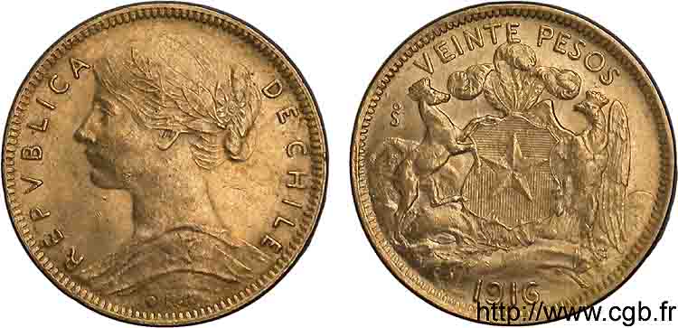 CHILI - RÉPUBLIQUE 20 pesos or 1916 S°, Santiago du Chili AU 
