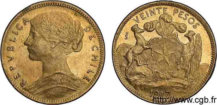 CHILI - RÉPUBLIQUE 20 pesos or 1917 S°, Santiago du Chili SUP 