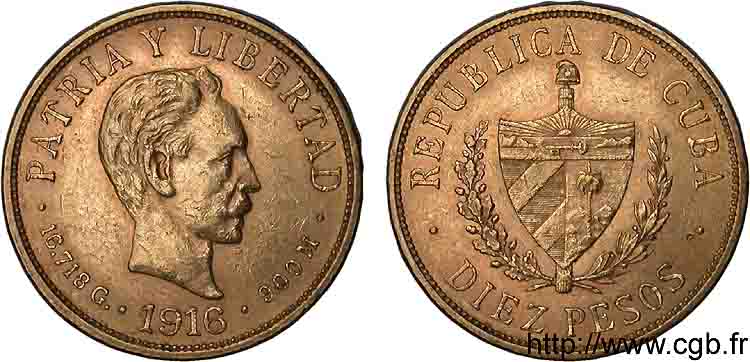 CUBA - RÉPUBLIQUE 10 pesos 1916 Philadelphie TTB 