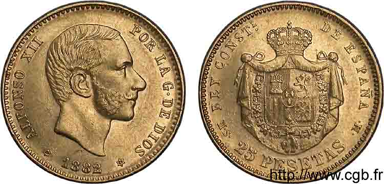 ESPAGNE - ROYAUME D ESPAGNE - ALPHONSE XII 25 pesetas, tête âgée 1882/1 Madrid SS 