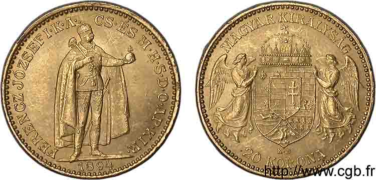 HONGRIE - ROYAUME DE HONGRIE - FRANÇOIS-JOSEPH Ier 20 korona en or 1894 Kremnitz SUP 