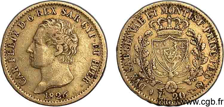 ITALIE - ROYAUME DE SARDAIGNE - CHARLES-FÉLIX 20 lires or 1826 Turin TB 