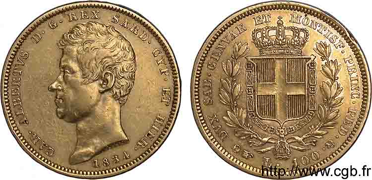 ITALIE - ROYAUME DE SARDAIGNE - CHARLES-ALBERT 100 lires or 1834 Turin TTB 