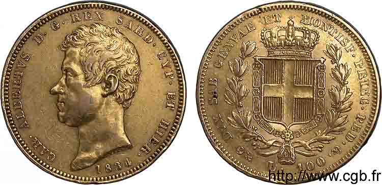 ITALIE - ROYAUME DE SARDAIGNE - CHARLES-ALBERT 100 lires or 1834 Gênes TTB 