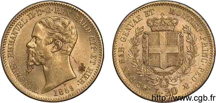 ITALIE - ROYAUME DE SARDAIGNE - VICTOR-EMMANUEL II 20 lires en or 1859 Turin SUP 