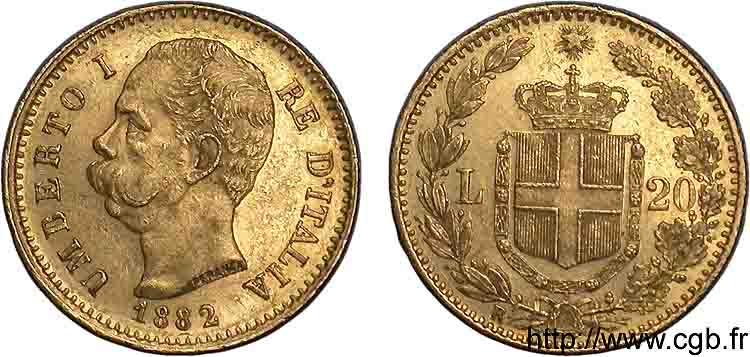 ITALIE - ROYAUME D ITALIE - HUMBERT Ier 20 lires or 1882 Rome SPL 