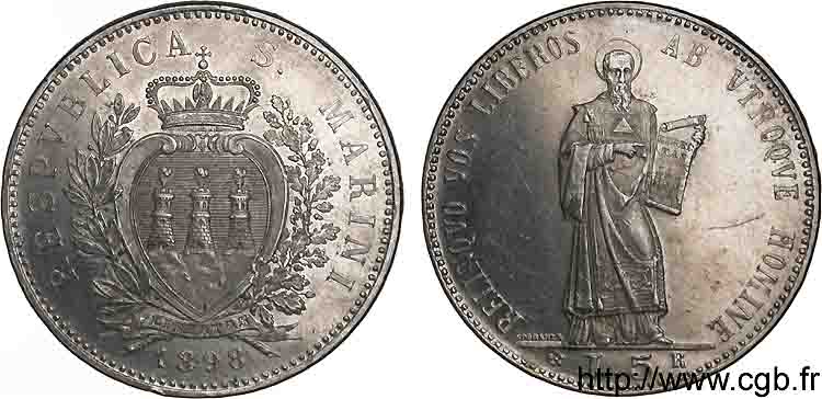RÉPUBLIQUE DE SAINT- MARIN 5 lires 1898 Rome SUP 