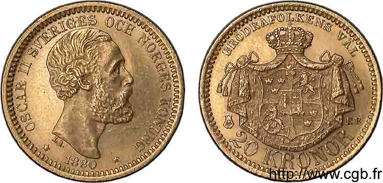 SUÈDE - ROYAUME DE SUÈDE - OSCAR II 20 kronor, 3e type 1880 Stockholm SUP 