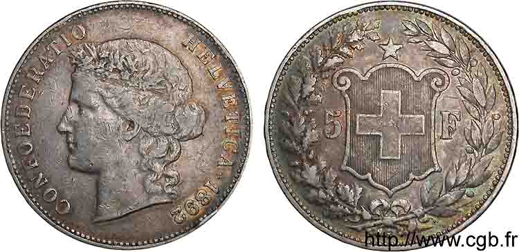 SUISSE - CONFÉDÉRATION HELVÉTIQUE 5 Francs Helvetia 1892 Berne TB 