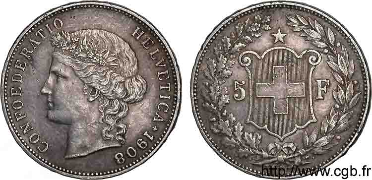 SUISSE - CONFÉDÉRATION HELVÉTIQUE 5 francs 1908 Berne TTB 