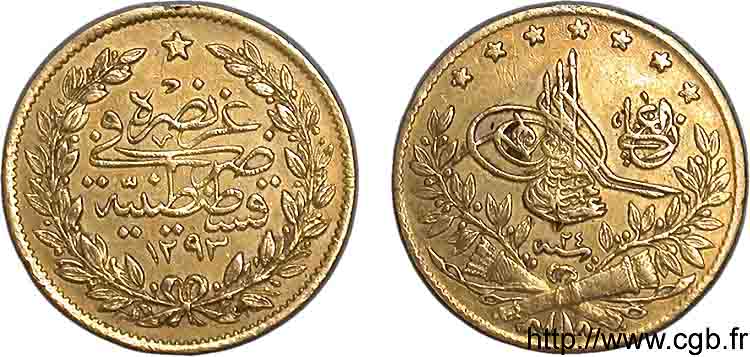 TURQUIE - SULTAN ABDOUL HAMID II 50 Piastres en or (50 Kurush) AH 1293, An 23 = 1898 Constantinople TTB 