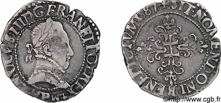 HENRY III Quart de franc au col légèrement gaufré 1587 Dijon BB