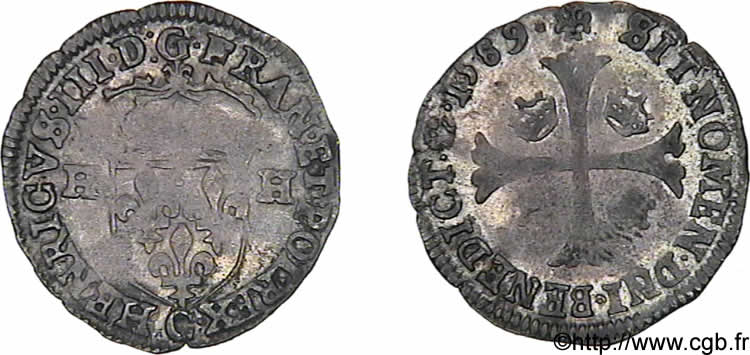 HENRI III Douzain aux deux H, 1er type 1589 Saint-Lô TTB+