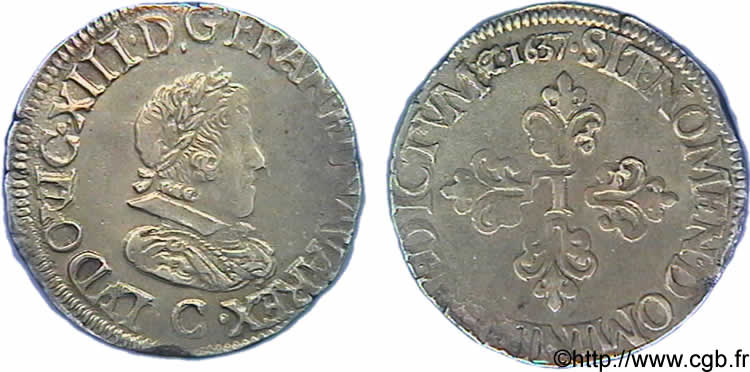 LOUIS XIII Demi-franc au petit buste juvénile lauré et col rabattu pour Saint-Lô 1637 Saint-Lô AU