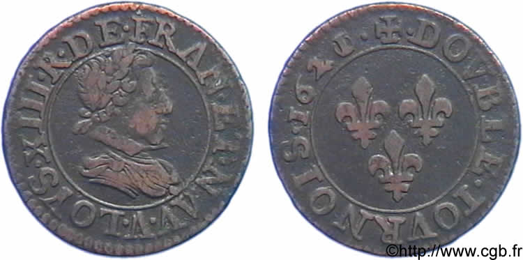 LOUIS XIII  Double tournois, buste adolescent au petit col plat de Paris 1621 Paris XF