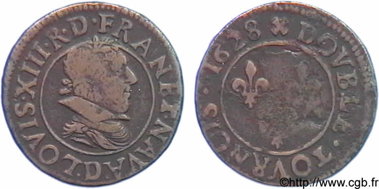 LOUIS XIII Double tournois, buste juvénile mûri au large col plat de Lyon 1628 Lyon VF
