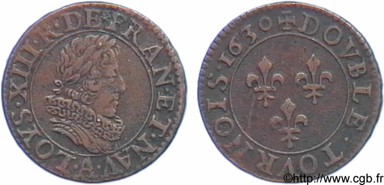 LOUIS XIII LE JUSTE Double tournois, buste juvénile cuirassé à double fraise fermée 1630 Paris TTB