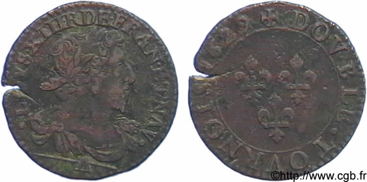 LOUIS XIII  Double tournois, buste viril barbu, drapé à l’antique 1629 Paris q.BB