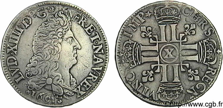LOUIS XIV  THE SUN KING  Demi-écu aux huit L, portrait définitif 1691 Amiens VF