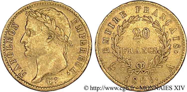 20 francs or Napoléon tête laurée, Empire français 1809 Paris F.516/1 XF 