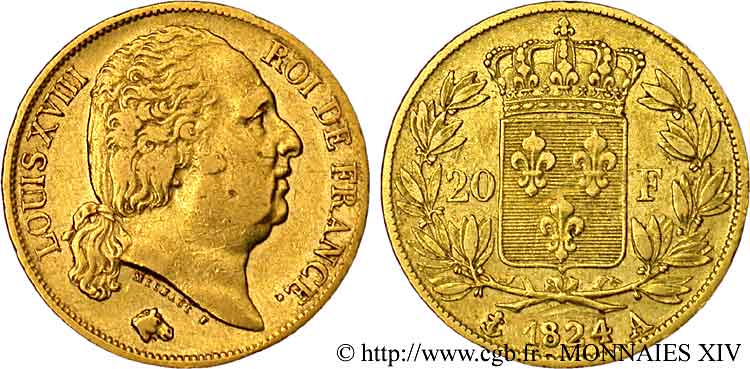 20 francs or Louis XVIII, tête nue 1824 Paris F.519/31 TTB 