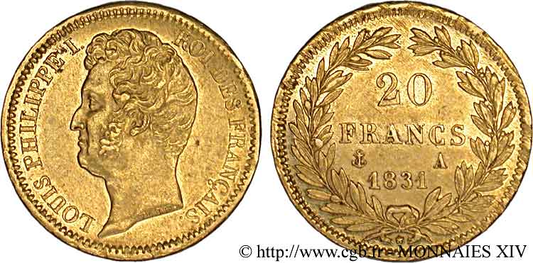 20 francs Louis-Philippe, Tiolier, tranche inscrite en creux 1831 Paris F.524/2 XF 