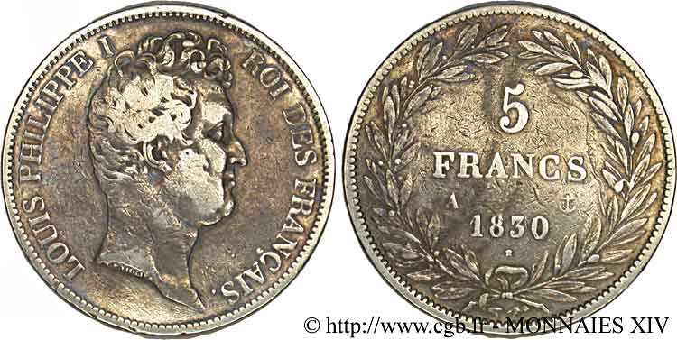 5 francs type Tiolier avec le I, tranche en creux 1830 Paris F.315/1 VF 