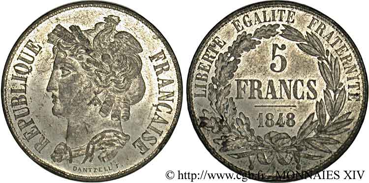 Concours de 5 francs, essai de Dantzell 1848 Paris VG.3067 var. AU 