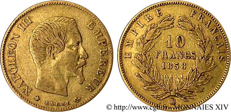 10 francs Napoléon III tête nue, grand module 1858 Strasbourg F.506/6 VF 