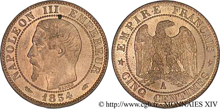 5 centimes Napoléon III, tête nue 1854 Paris F.116/8 SPL 
