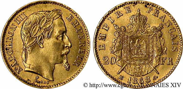 20 francs or Napoléon III, tête laurée 1868 Strasbourg F.532/19 AU 