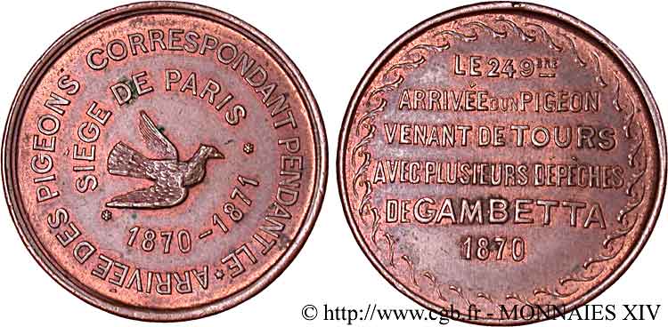 Essai au module de 10 centimes, pigeons voyageurs 1870 Paris Fl.845  VZ 