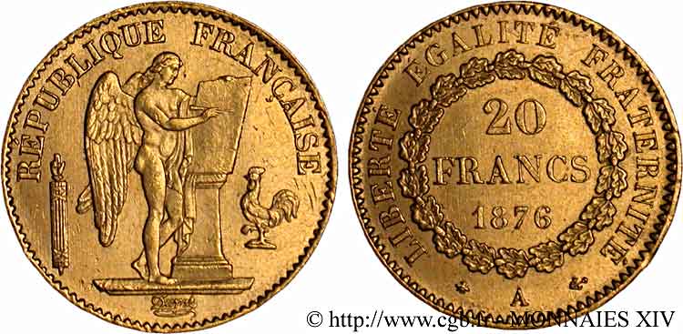 20 francs génie, Troisième république 1876 Paris F.533/4 SPL 