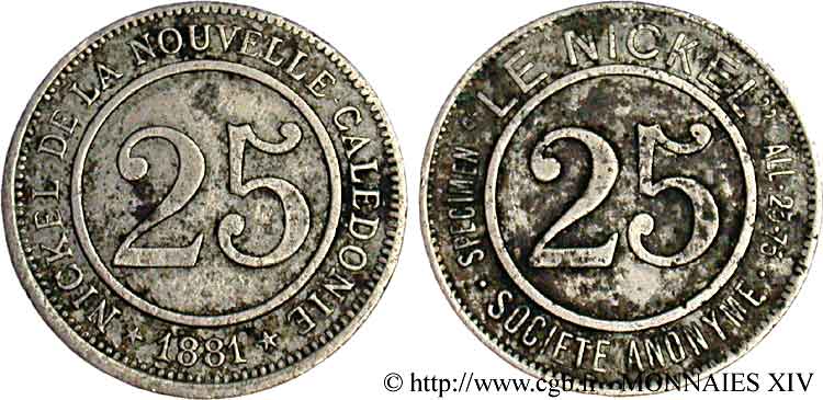 Épreuve de 25 centimes de Nouvelle-Calédonie 1881  VG.3973  XF 