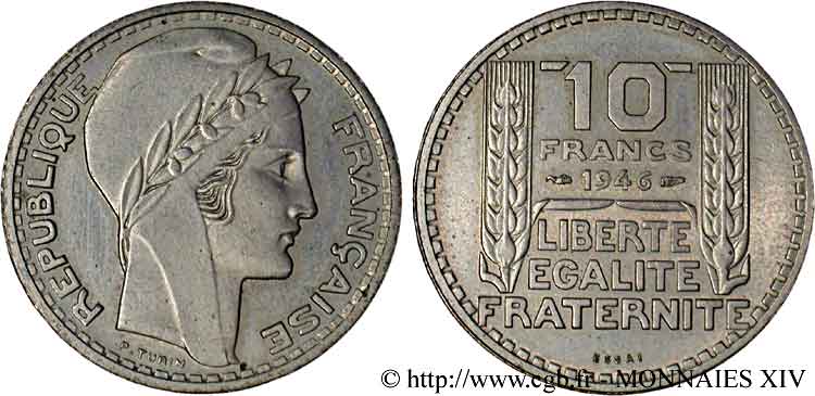 Essai - piéfort de 10 francs Turin, grosse tête, rameaux longs 1946 Paris F.361/3P AU 