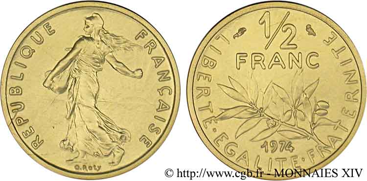 Piéfort or de 1/2 franc Semeuse 1974 Pessac F.198/13P FDC