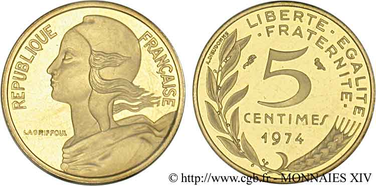 Piéfort or de 5 centimes Marianne 1974 Pessac F.125/10P MS