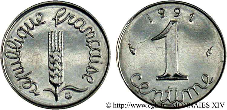 1 centime Épi, BU (Brillant Universel), frappe médaille 1991 Pessac F.106/49 FDC