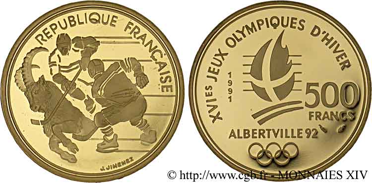 500 francs or Jeux Olympiques d hiver d Albertville, Hockeyeurs sur glace et bouquetin 1990 Paris F.1807 1 FDC