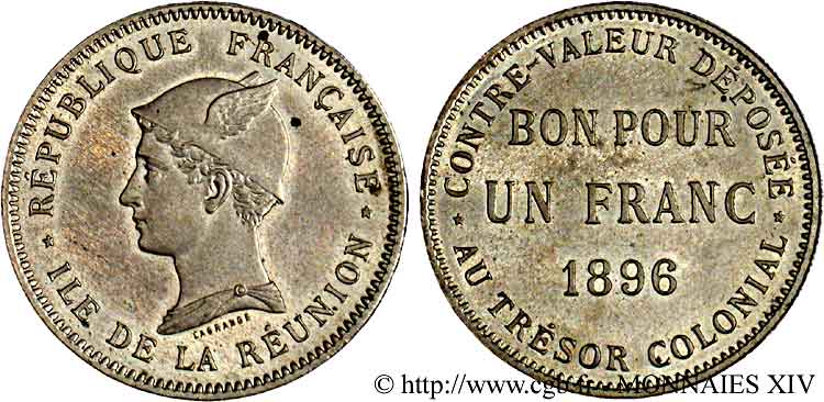 RIUNIONE - Terza Repubblica Essai de 1 franc en Maillechort 1896 Paris AU 