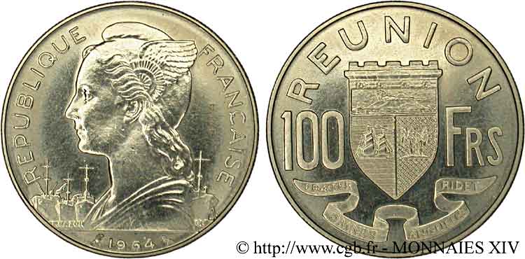 CINQUIÈME RÉPUBLIQUE - ÎLE DE LA RÉUNION  Essai de 100 francs 1964 Paris SPL 