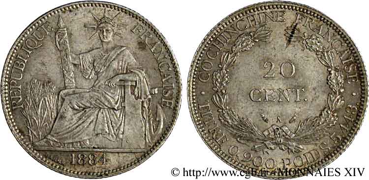 FRENCH COCHINCHINA 20 centimes Cochinchine 1884 Paris AU 