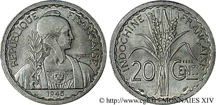UNION FRANÇAISE - INDOCHINE FRANÇAISE Essai 20 centimes 1945 Paris SUP 