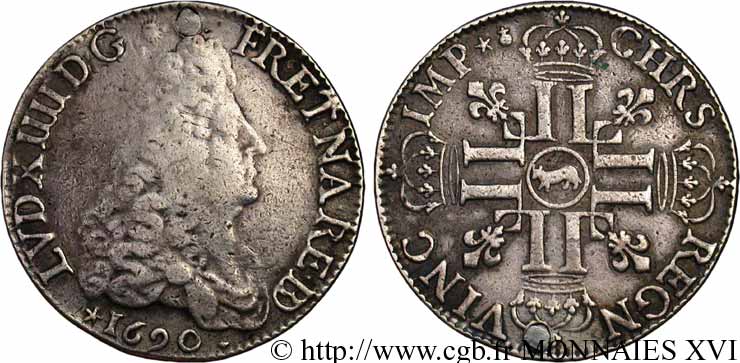 LOUIS XIV  THE SUN KING  Écu aux huit L, 1er type 1690 Pau VF