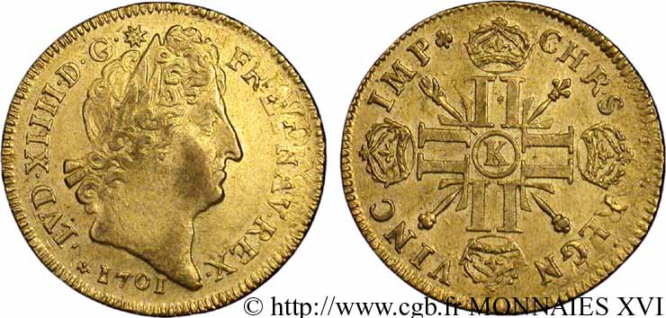 LOUIS XIV  THE SUN KING  Louis d’or aux huit L et aux insignes 1701  Bordeaux AU