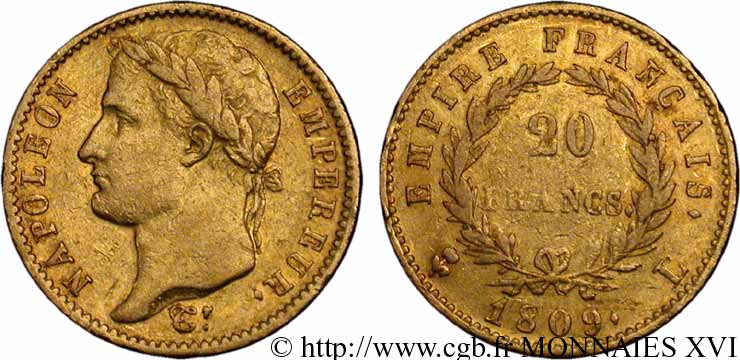 20 francs or Napoléon, tête laurée, Empire français 1809 Bayonne F.516/4 BB 