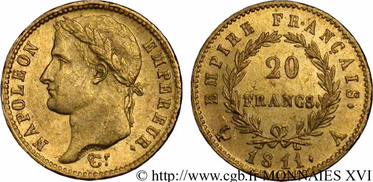 20 francs or Napoléon, tête laurée, Empire français 1811 Paris F.516/16 VZ 