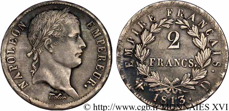 2 francs Napoléon Ier tête laurée, Empire français 1813 Lyon F.255/55 XF 