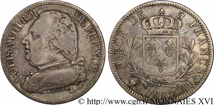 5 francs Louis XVIII, buste habillé 1815 Strasbourg F.308/17 TB 